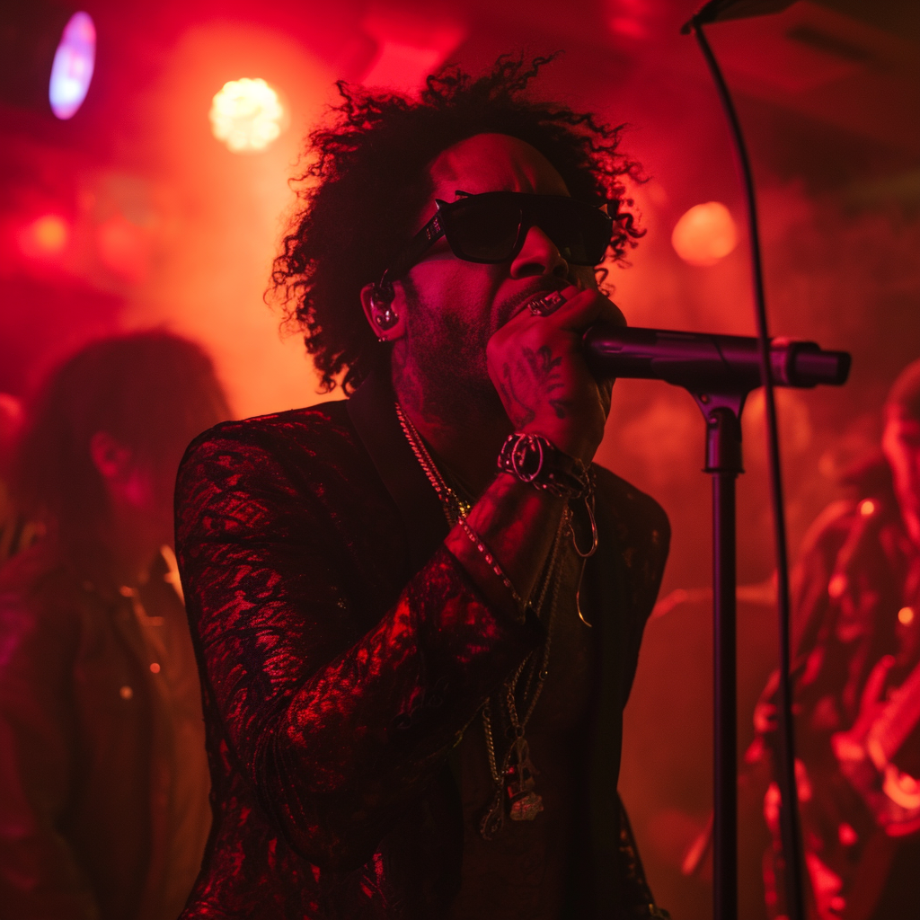 Lenny Kravitz singing in a smokey nightclub