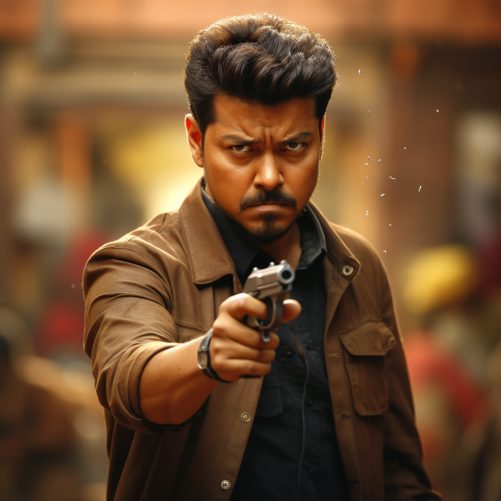 Thalapathy Vijay in action with silver revolver