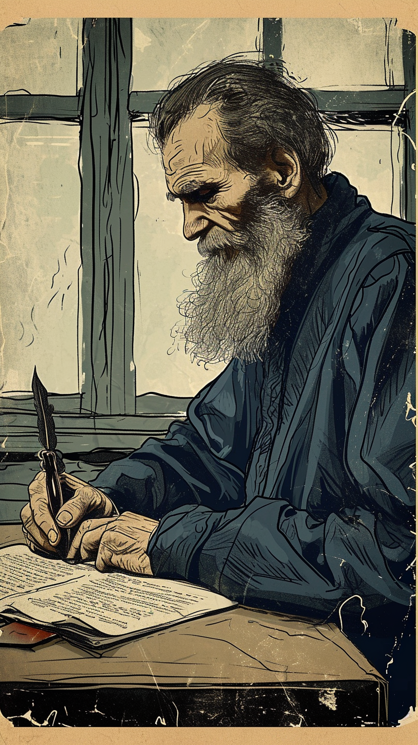 Leo Tolstoy thoughtful writing pose