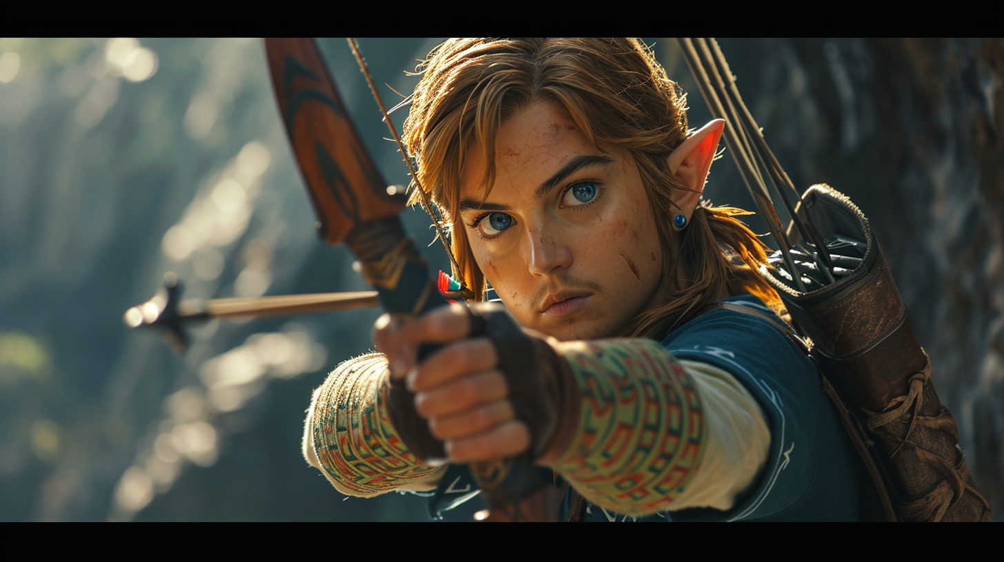 Leonardo DiCaprio as Link shooting a bow and arrow