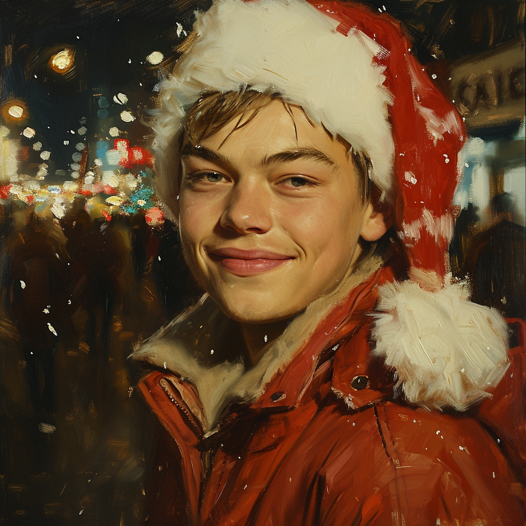 Leonardo DiCaprio smiling in fashionable Santa attire