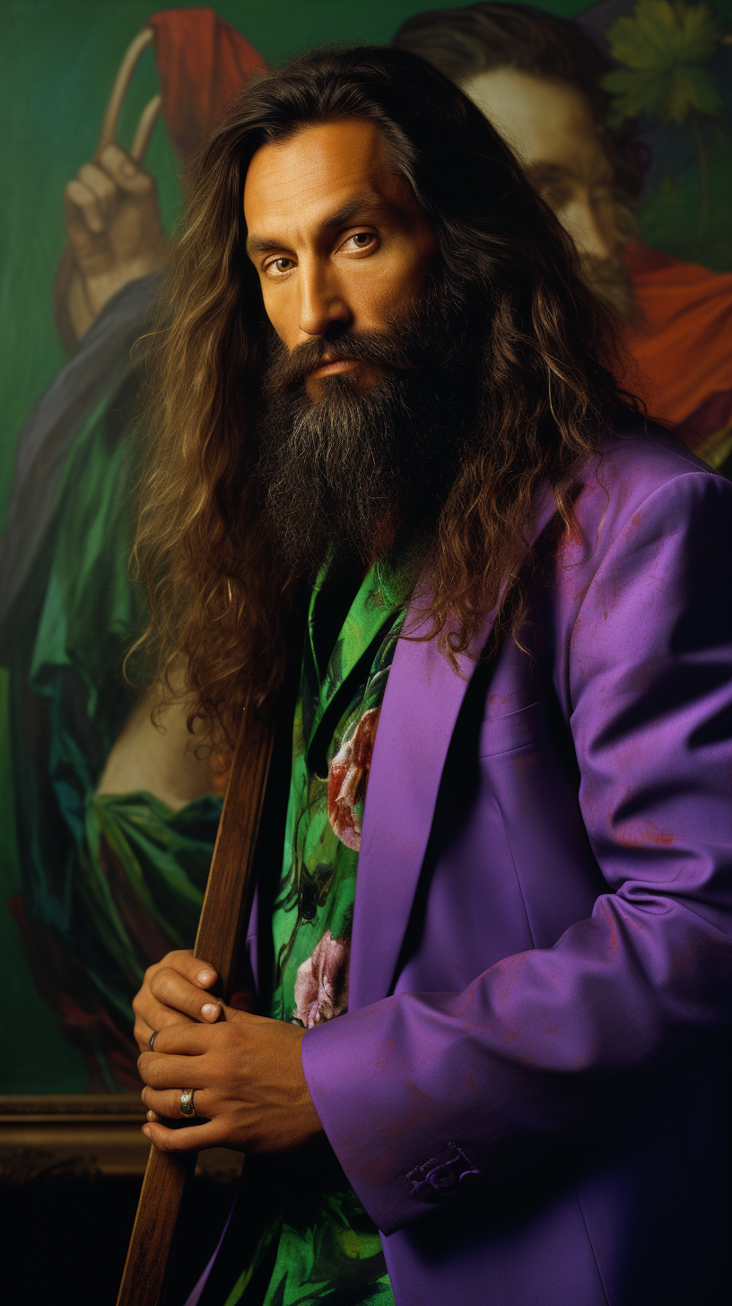 Leonardo da Vinci in purple suit holding a vibrant green aubergine