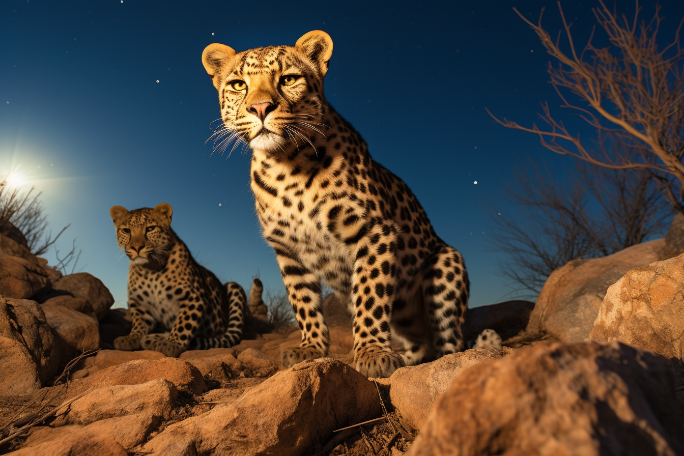 Leopard couple on rocky hill