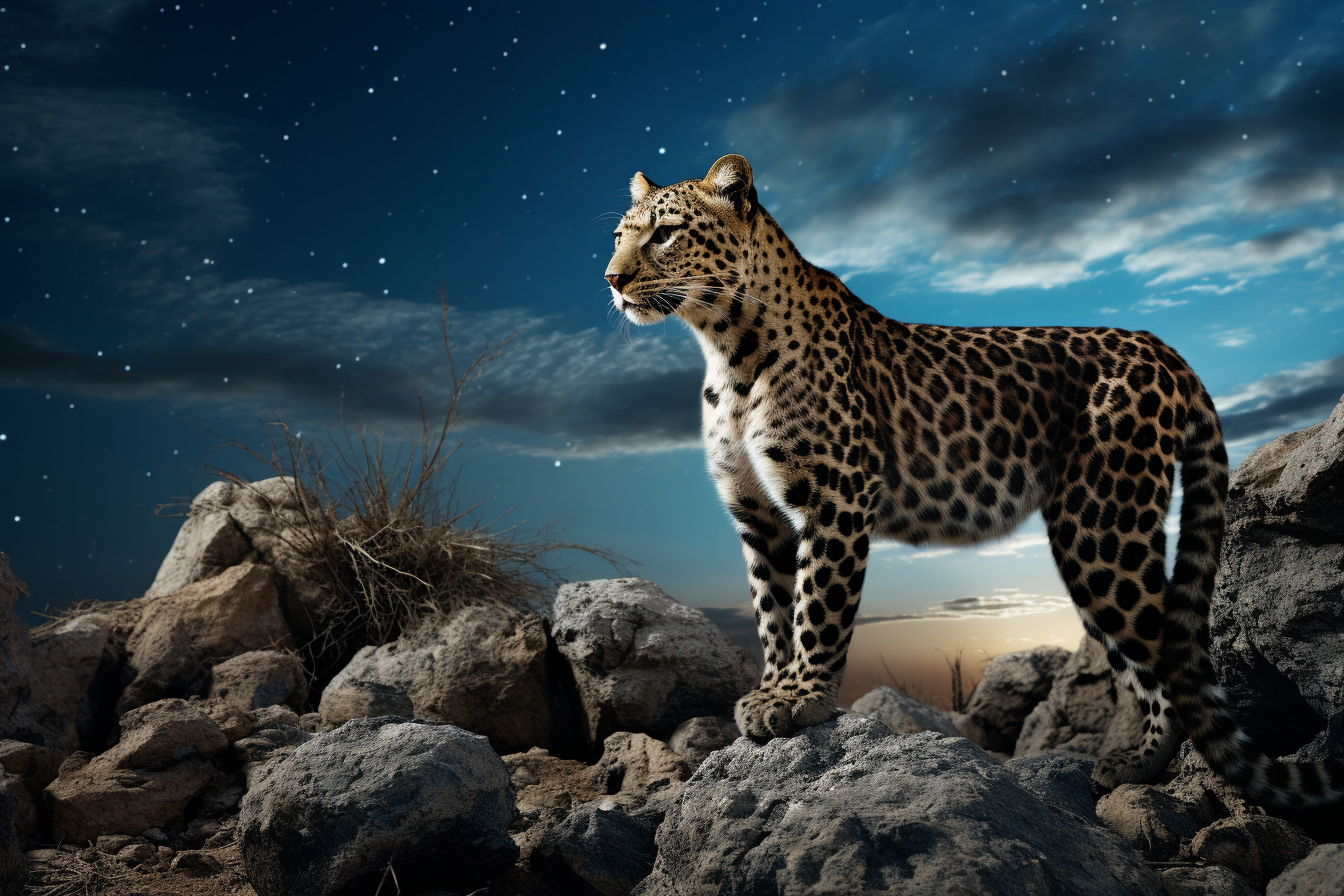 Leopard standing on rocky hill with sky galaxy background