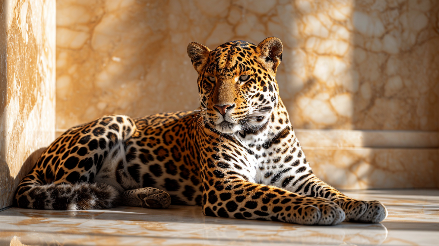 Leopard relaxing on marble floor