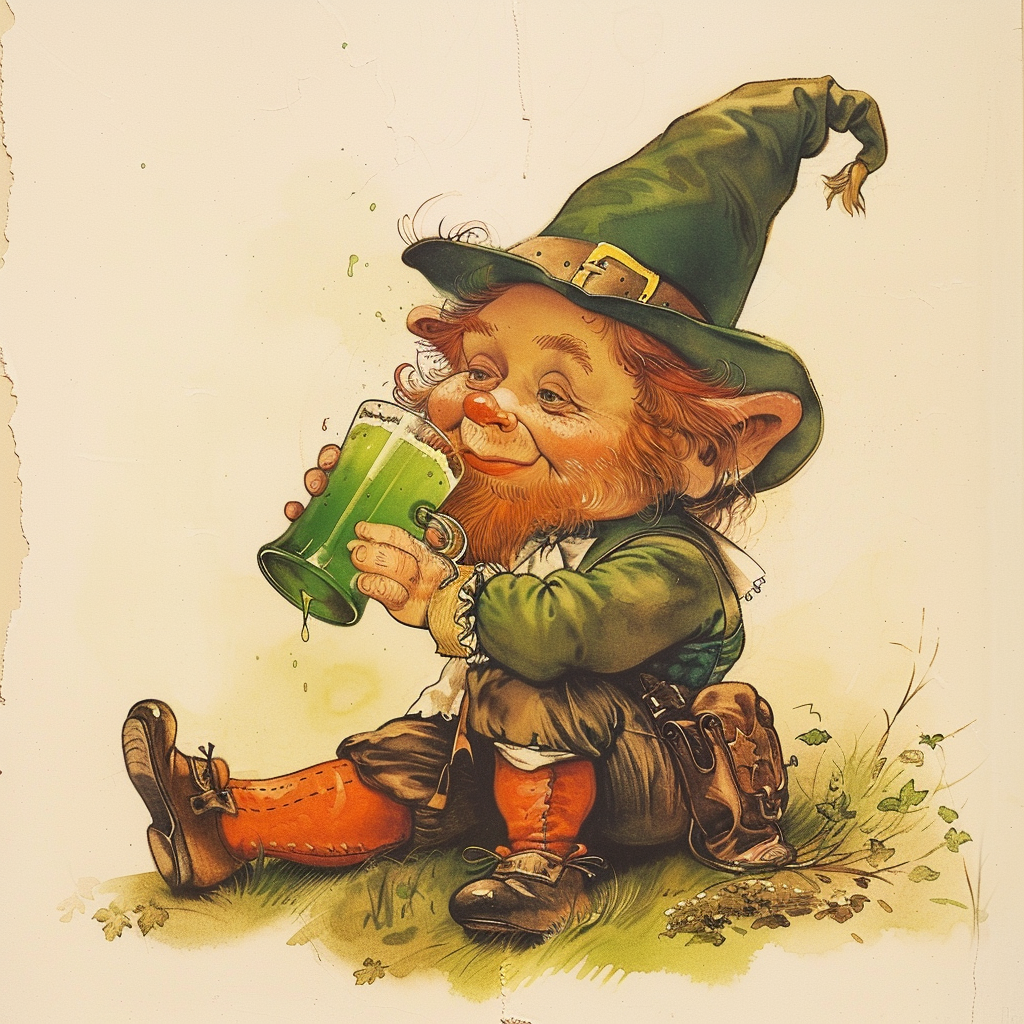 Leprechaun drinking green beer drawing