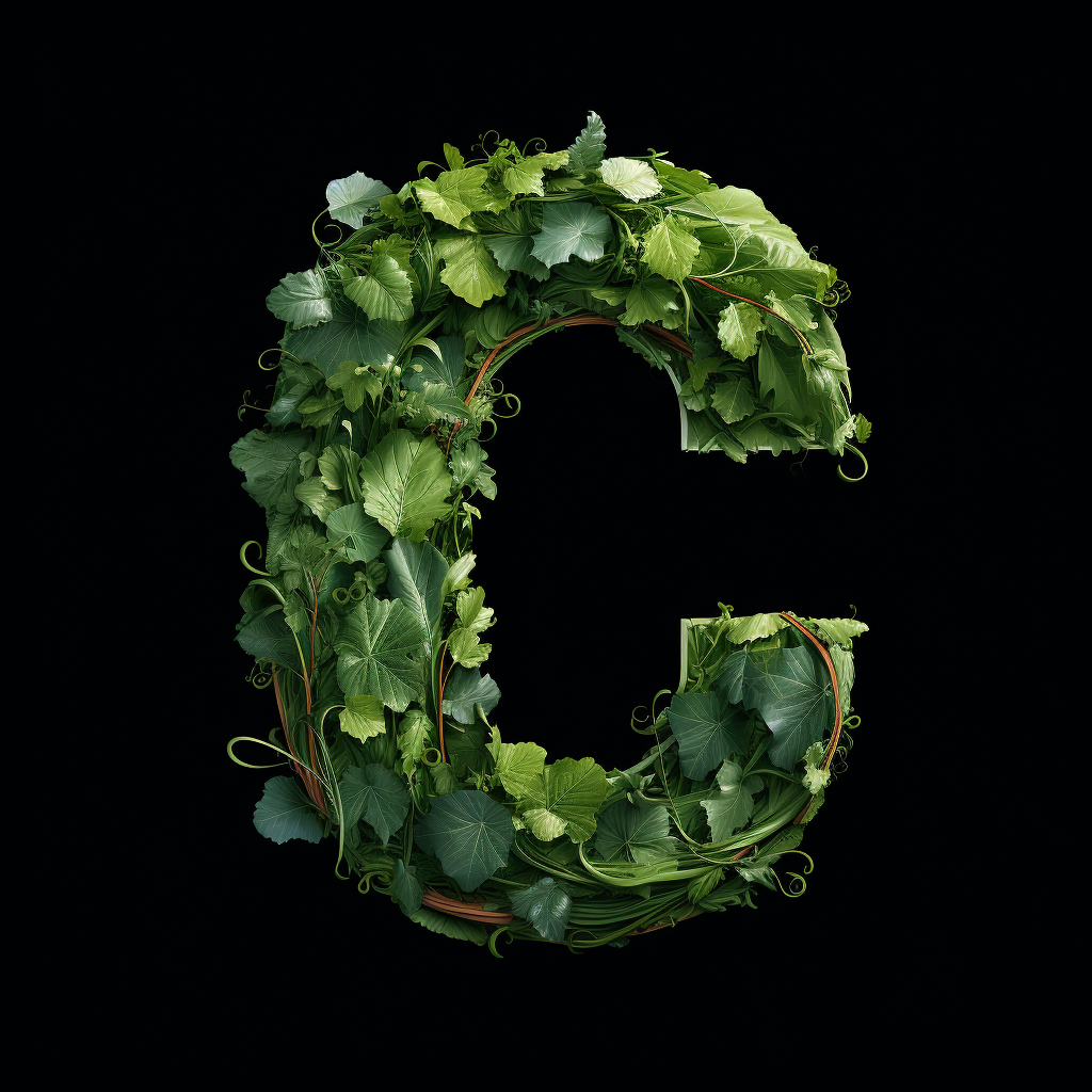 Vibrant letter C covered in lush vines