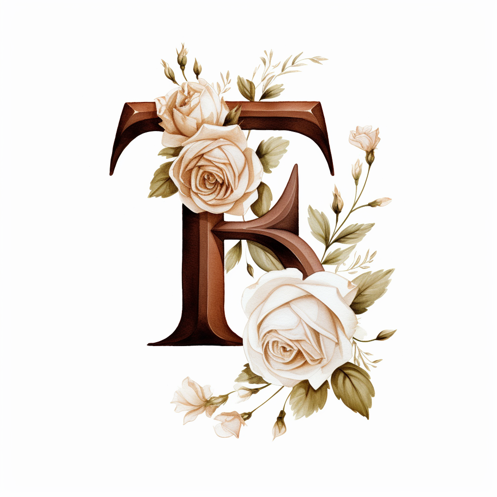 Letter T in white and brown roses on marble background