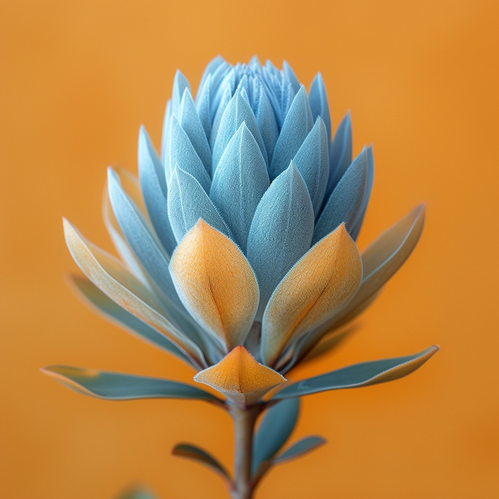 Teal Blue Leucadendron Flower on Yellow Background