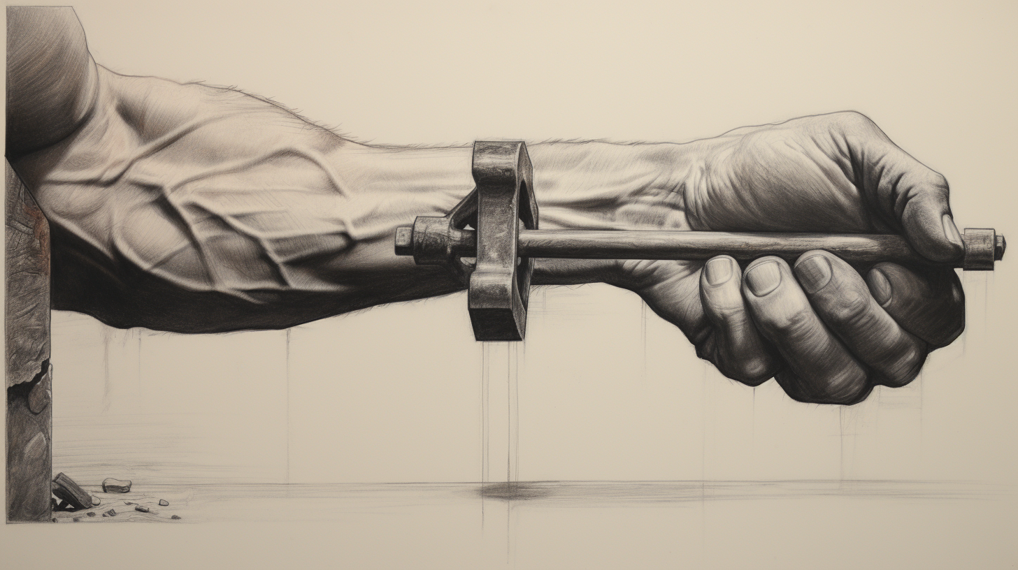 Pencil drawing of a lever in action lifting a heavy weight