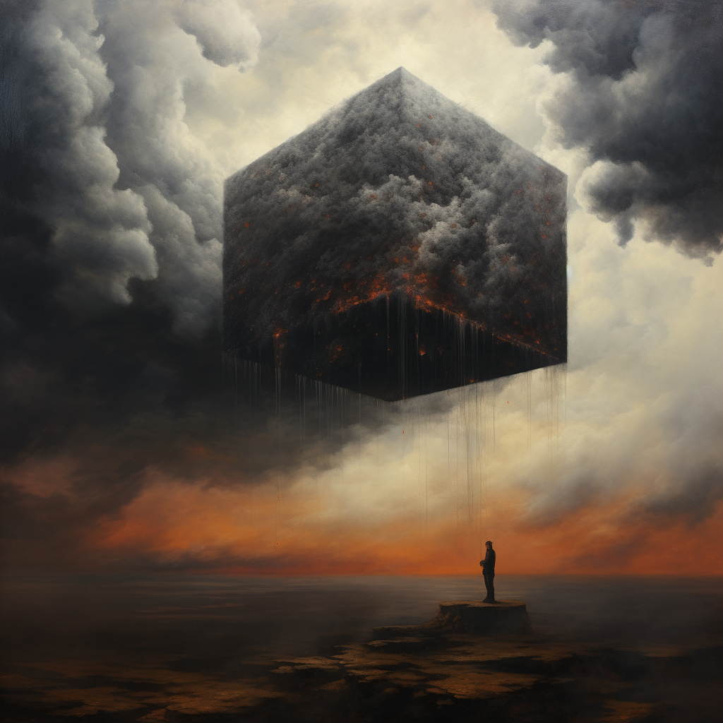 Cube Levitating Over Apocalyptic Landscape