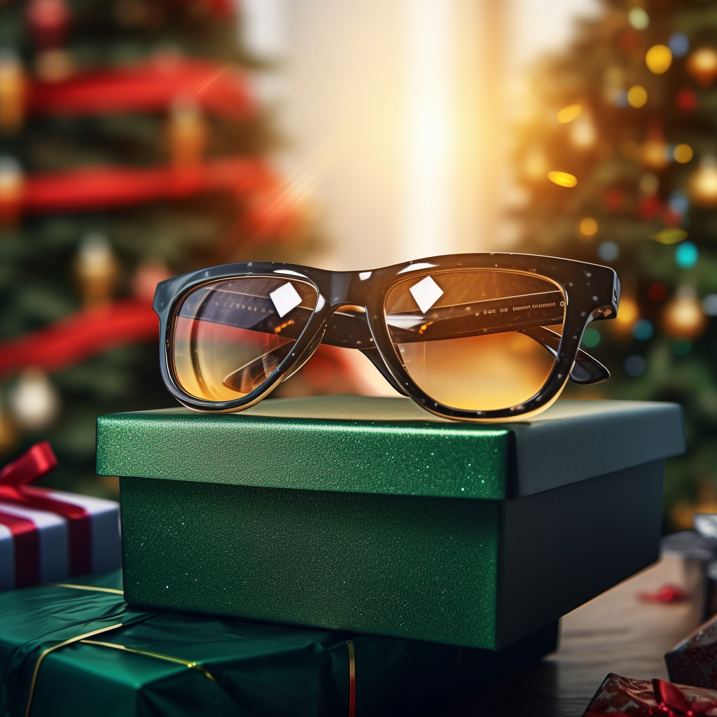 Sunglasses floating above glowing Christmas gift