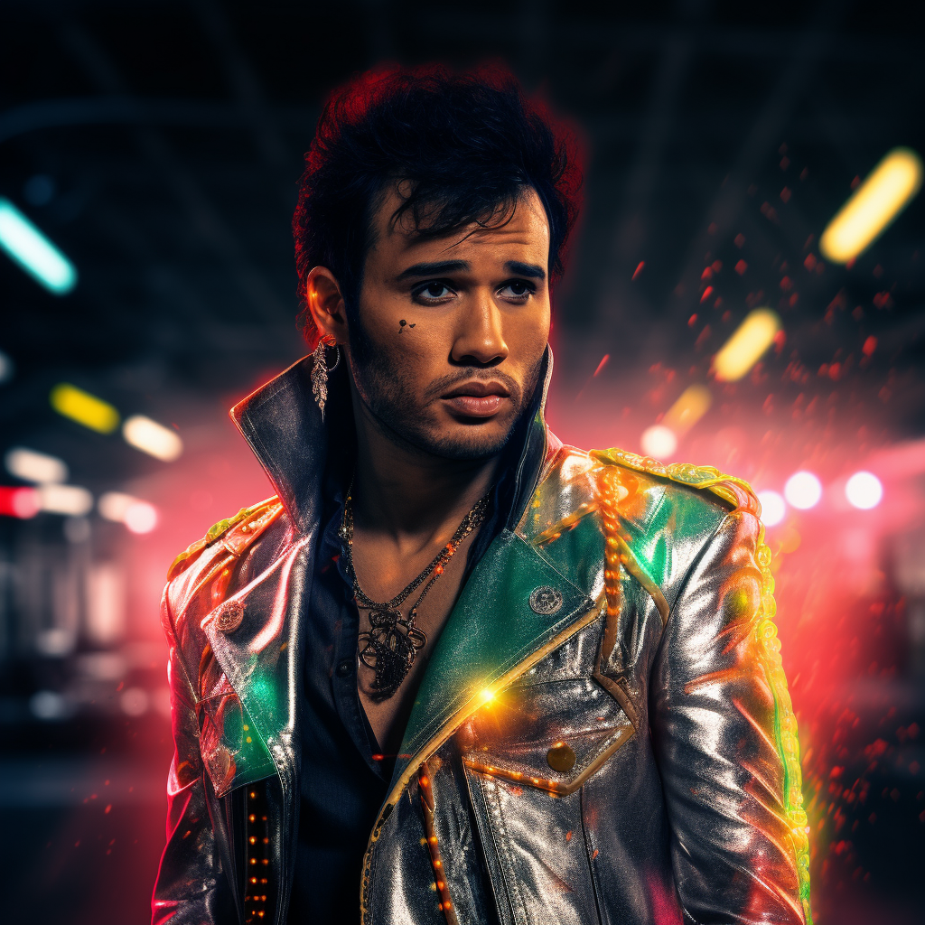 Lewis Hamilton as Elvis Presley portrait with neon lights