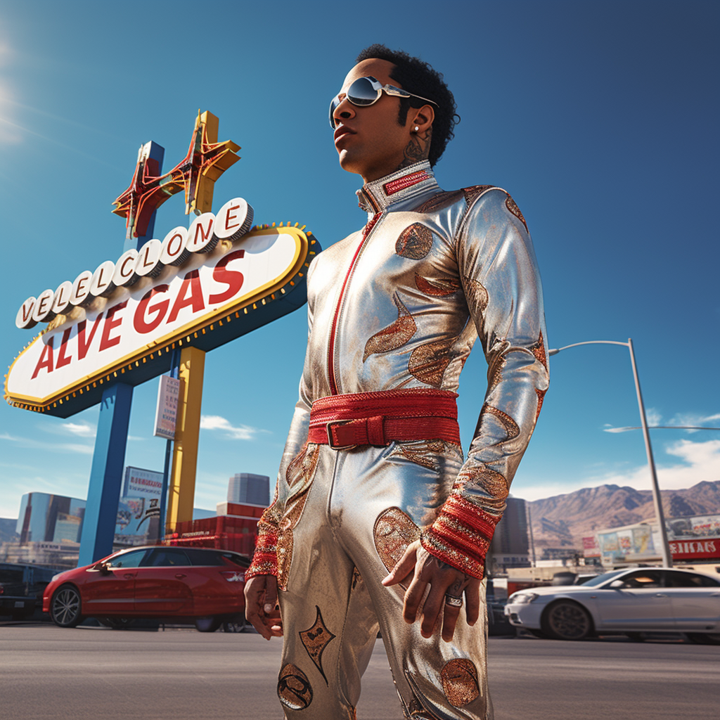 Lewis Hamilton wearing Elvis jumpsuit with Las Vegas sign