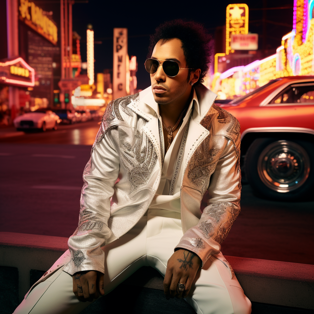 Lewis Hamilton dressed as Elvis Presley with neon lights