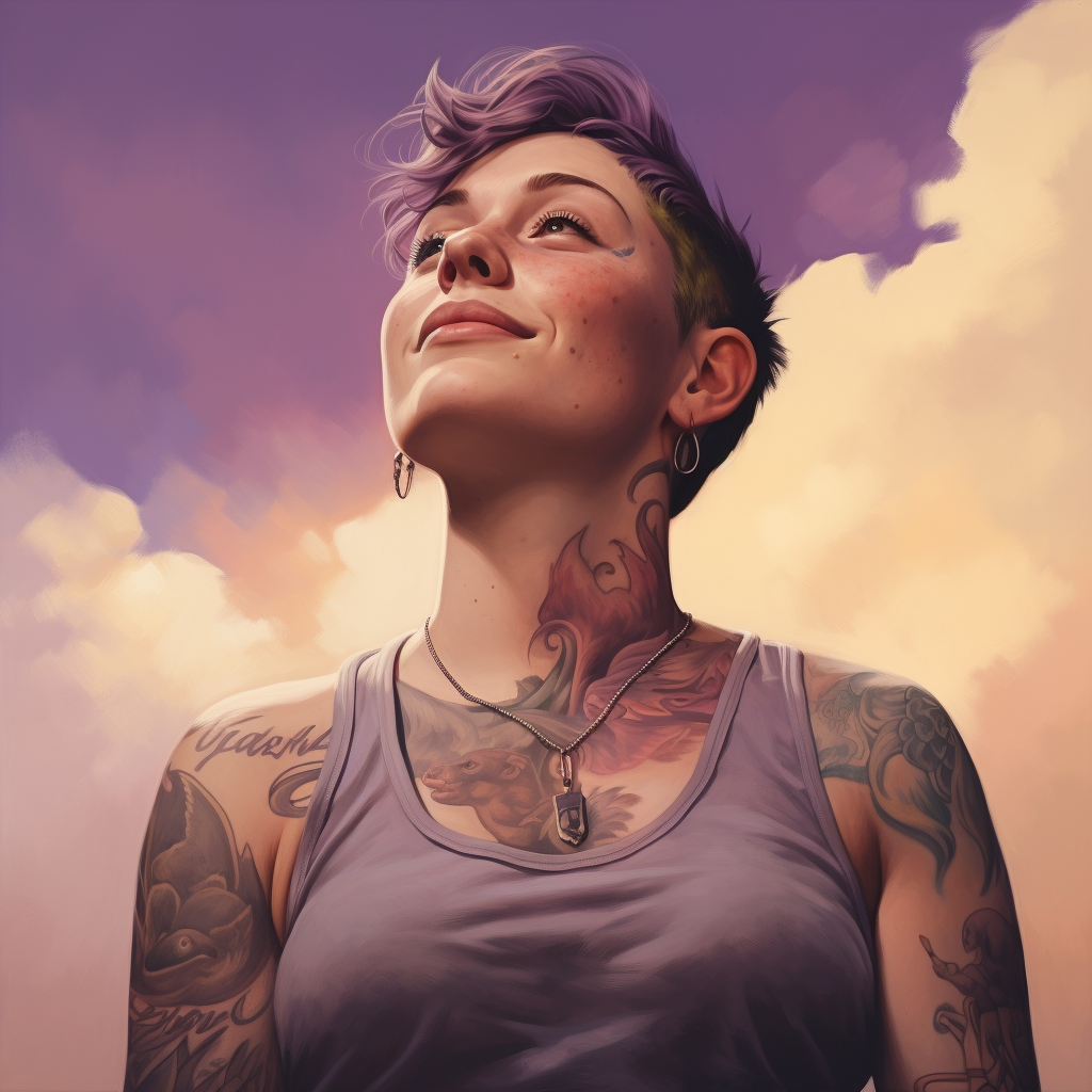 Tattooed LGBT with Upwards Gaze and Smile