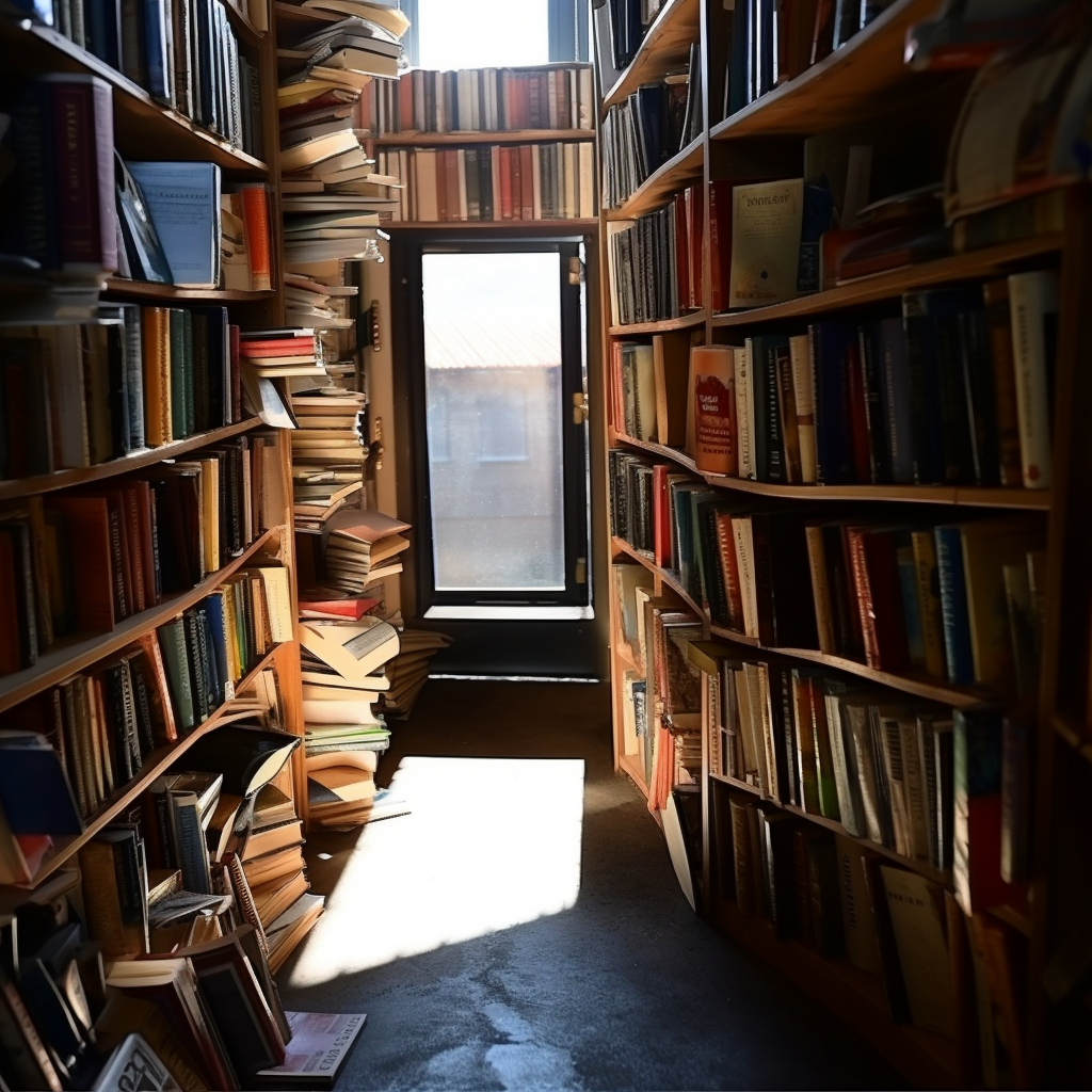 Shadowy library with towering bookshelves