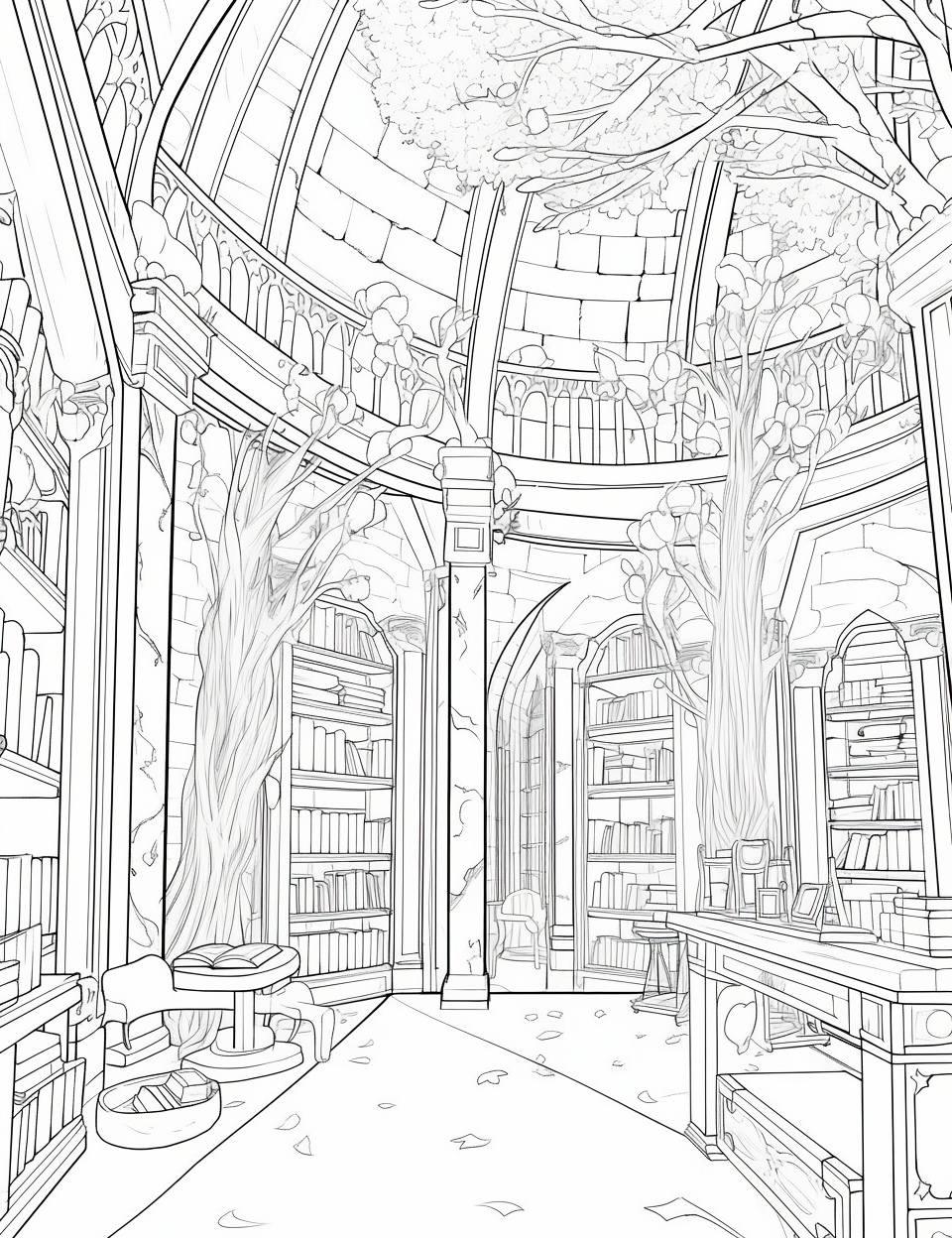 Enchanted library coloring pages