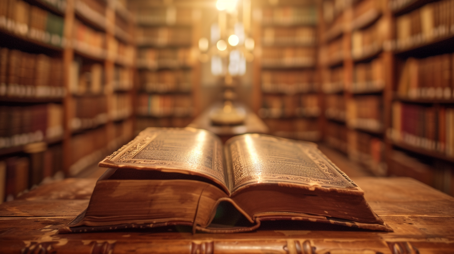 lone reader in dramatic library with aged book