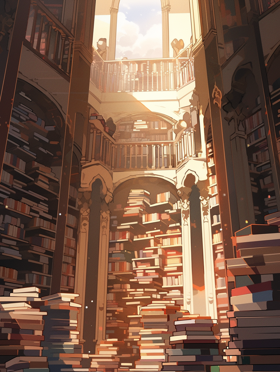 Books in Library Piles Image