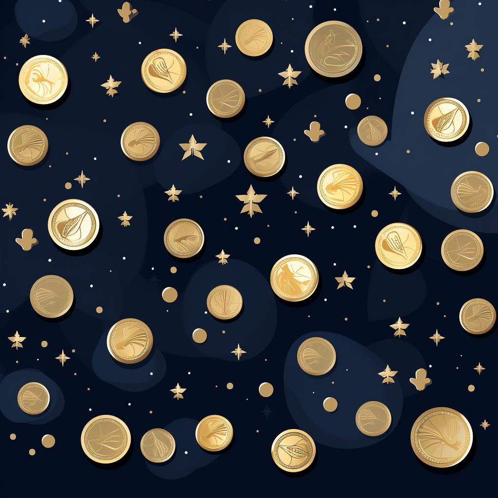 Light academia with navy blue background and gold and silver coins