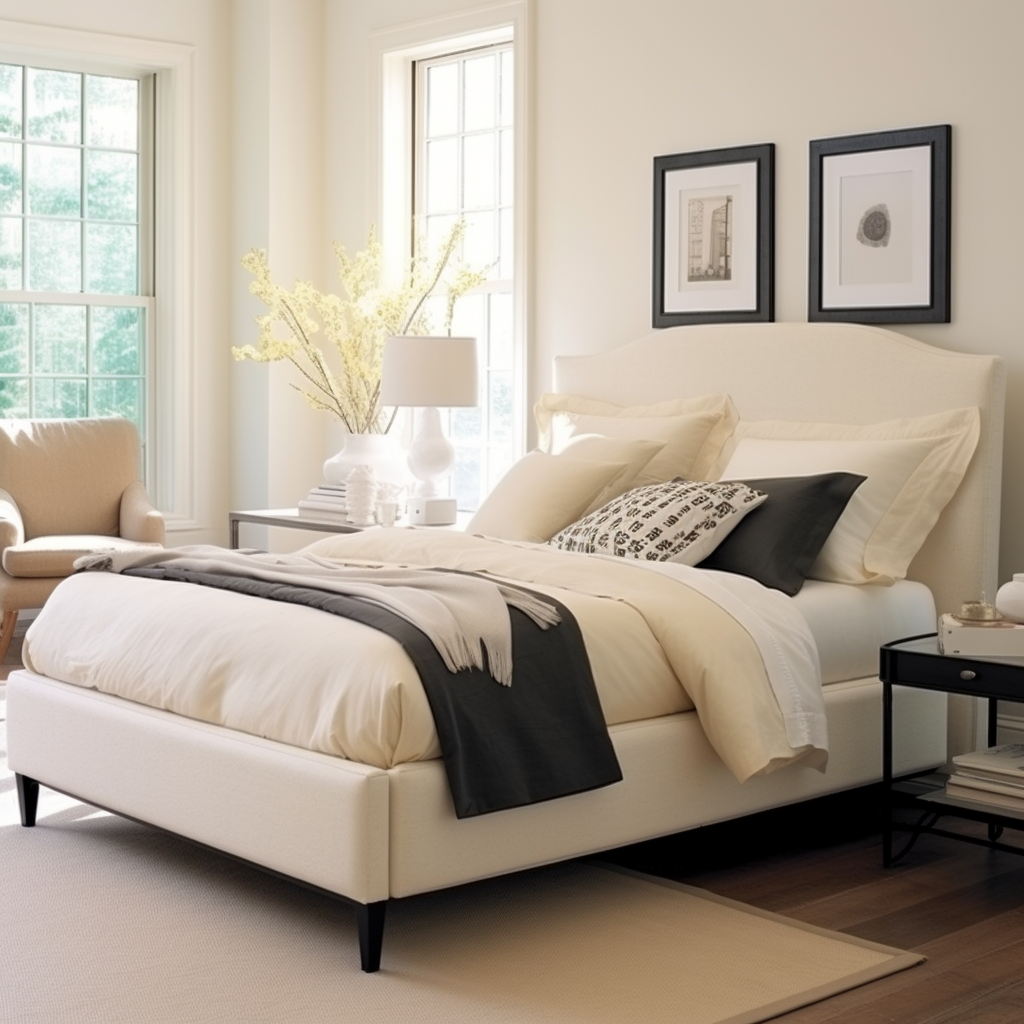 Elegant ivory fabric bed frame