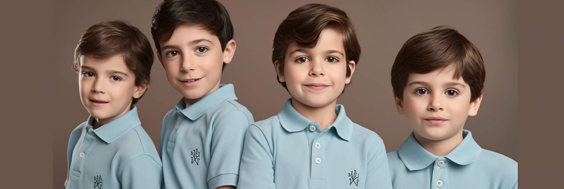 Two cute little boys with a light blue brand logo