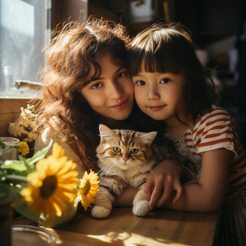 Two Asian woman and American child hugging with a cat