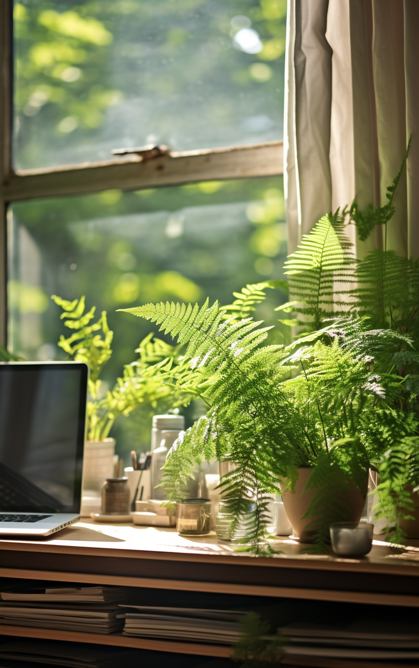 Desk in Beautiful Light-Filled Room with Green Ferns