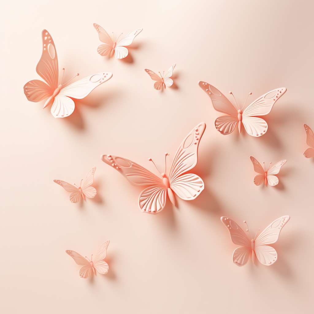 Delicate light peach flowers and butterflies