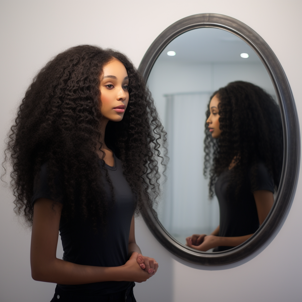 Happy woman with natural hair wig