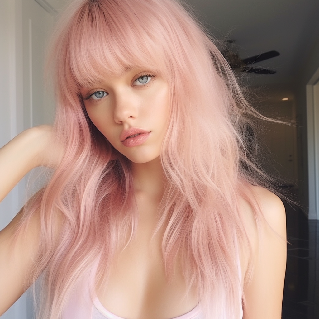 Beautiful woman with pink hair and bangs