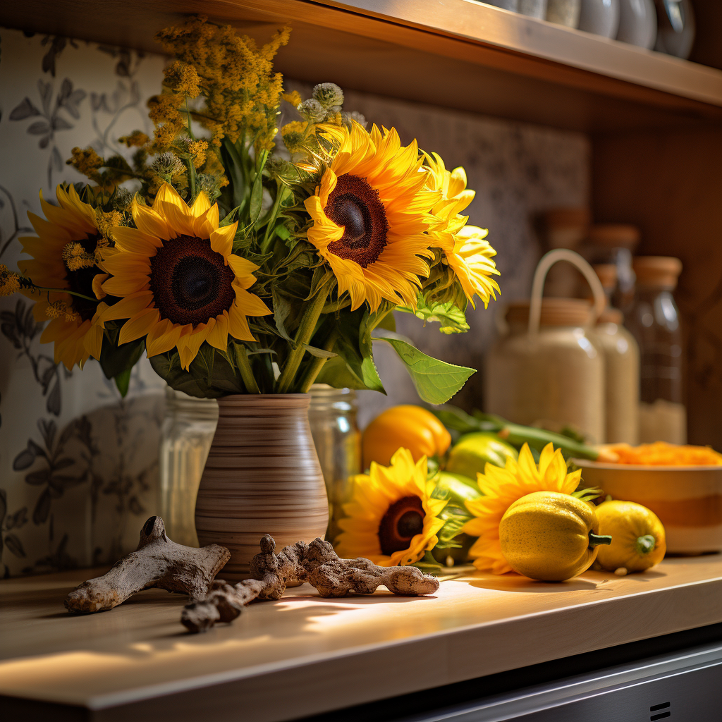 Beautiful Lighted Kitchen Island with Sunflower Patterns