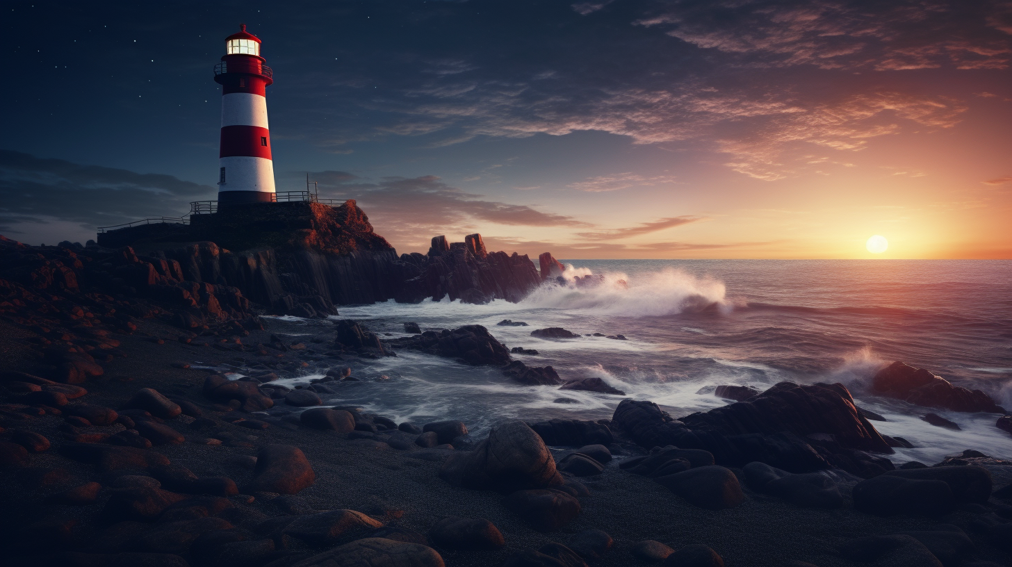 Beautiful lighthouse on the beach at night