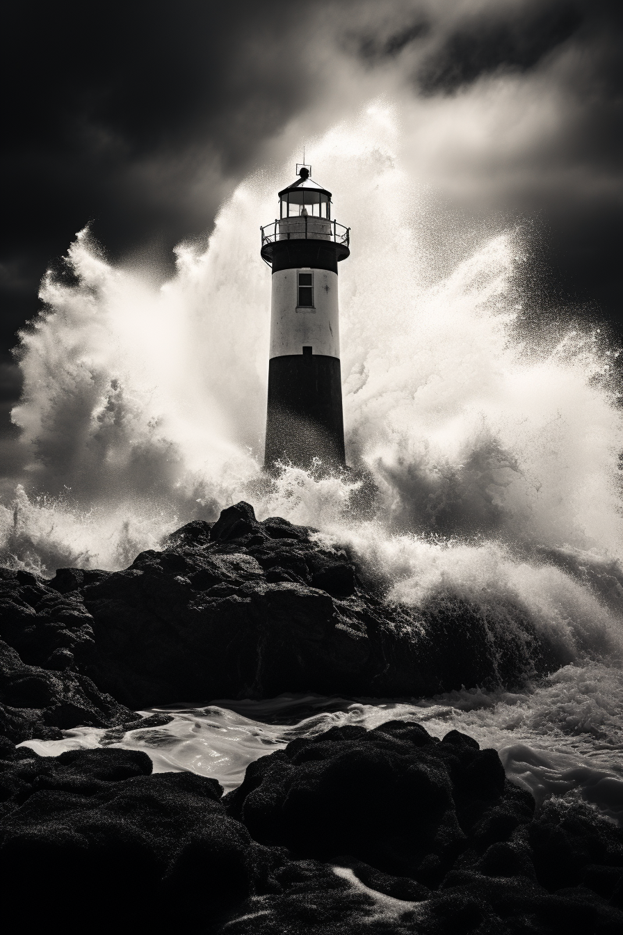 Powerful lighthouse battling crashing waves