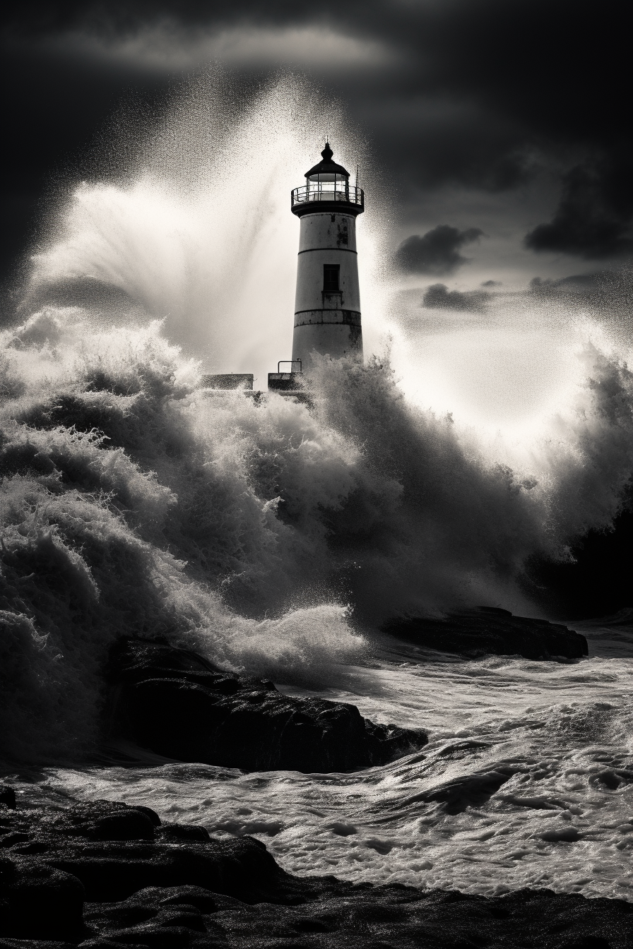 Lighthouse weathering stormy waves on rocky coast