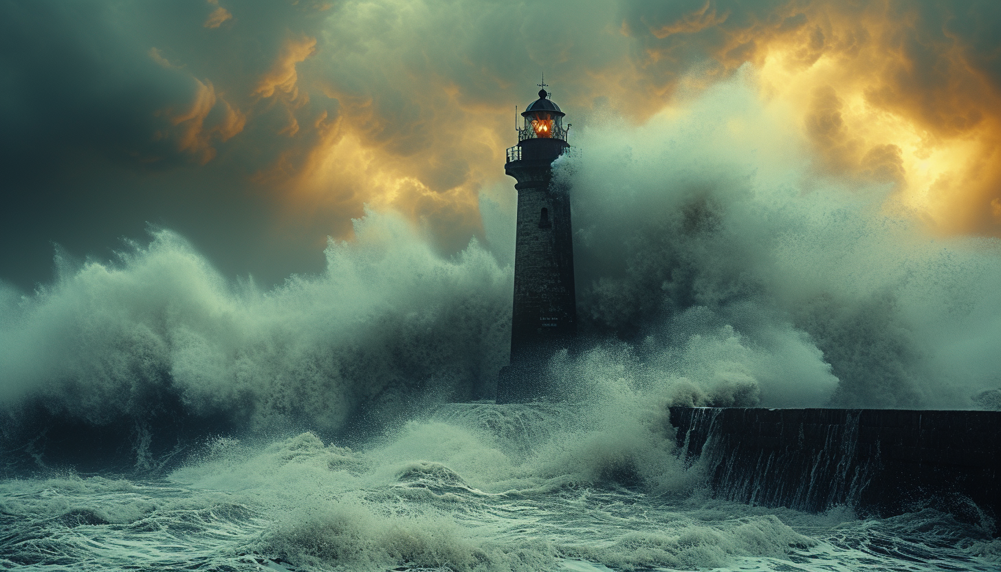 Lighthouse in stormy weather with big waves