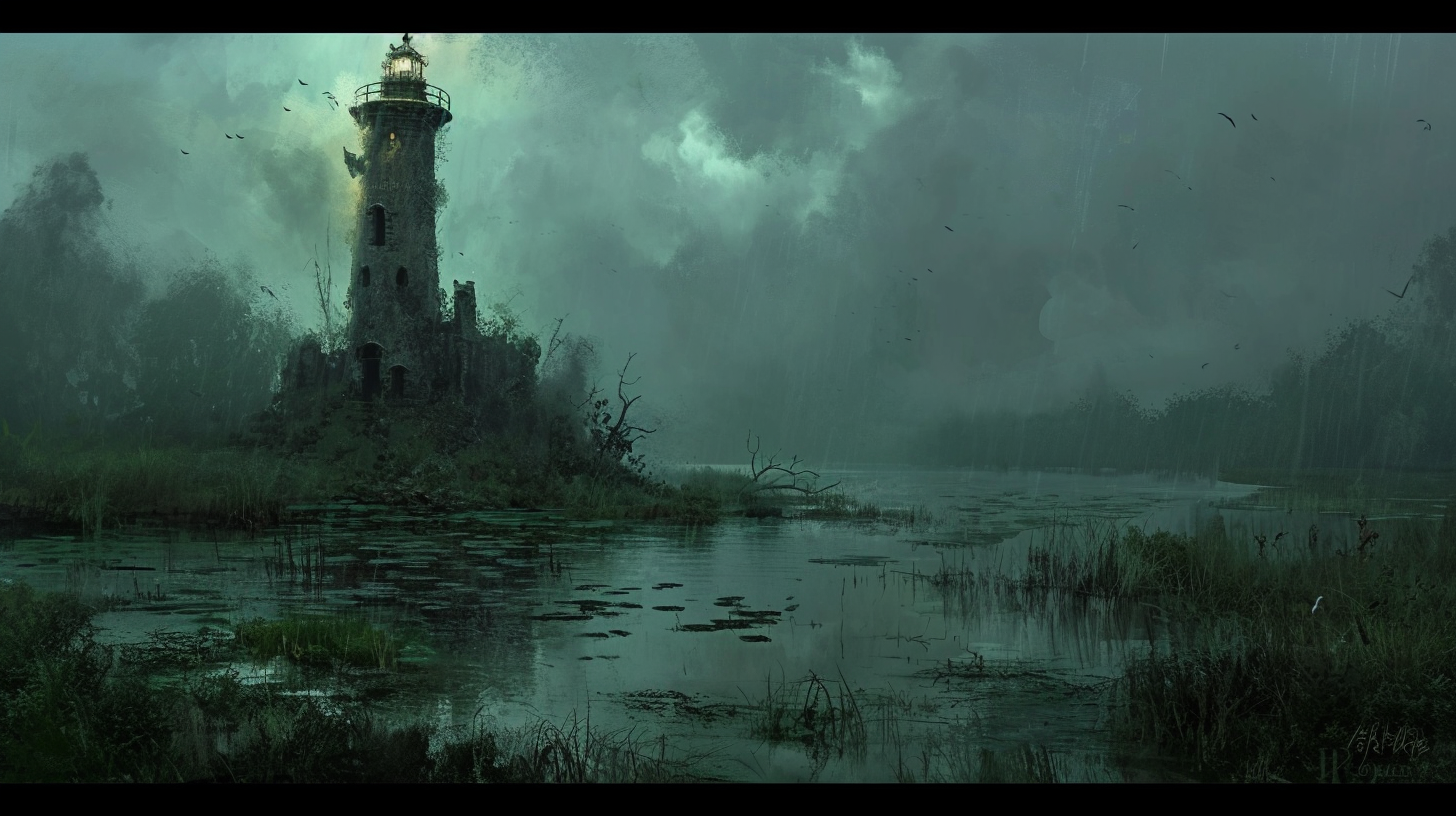 Lighthouse in swamp at dusk