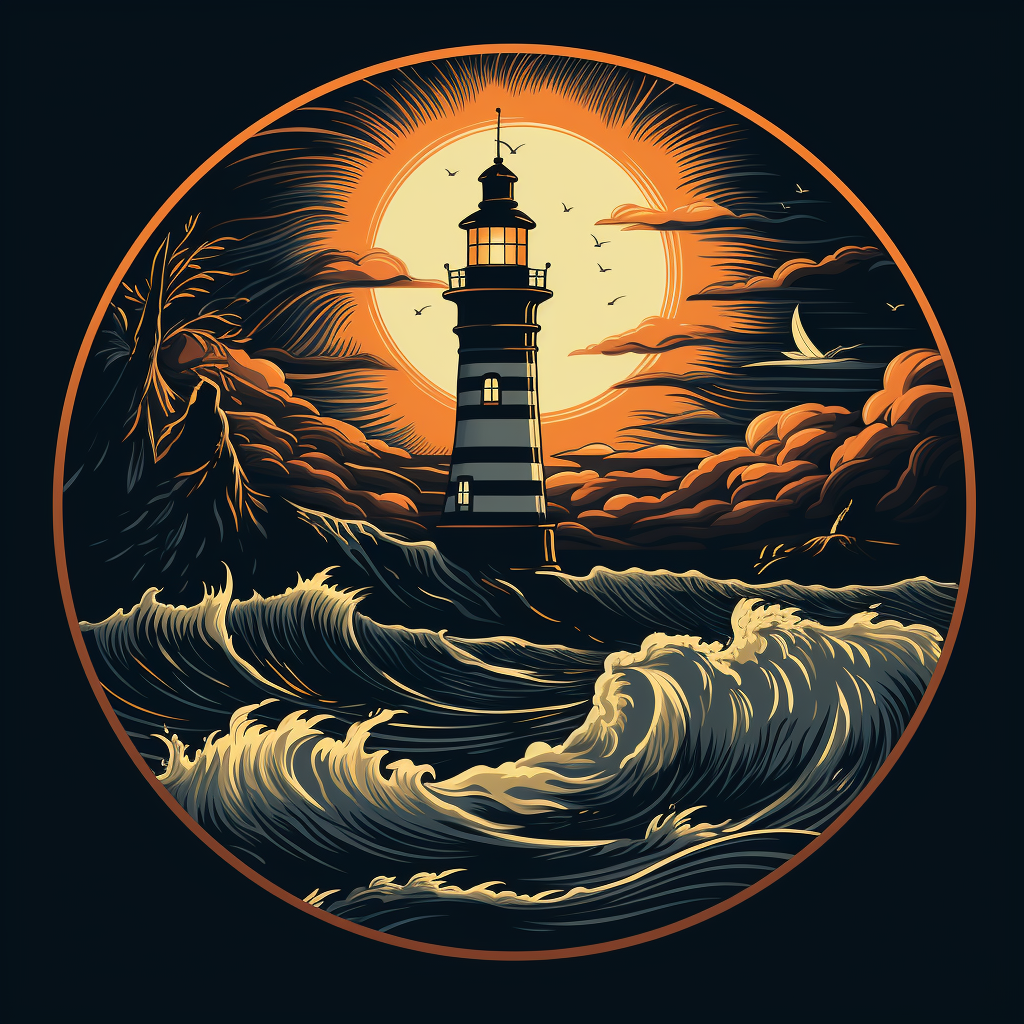 Tribal style lighthouse logo in black and white