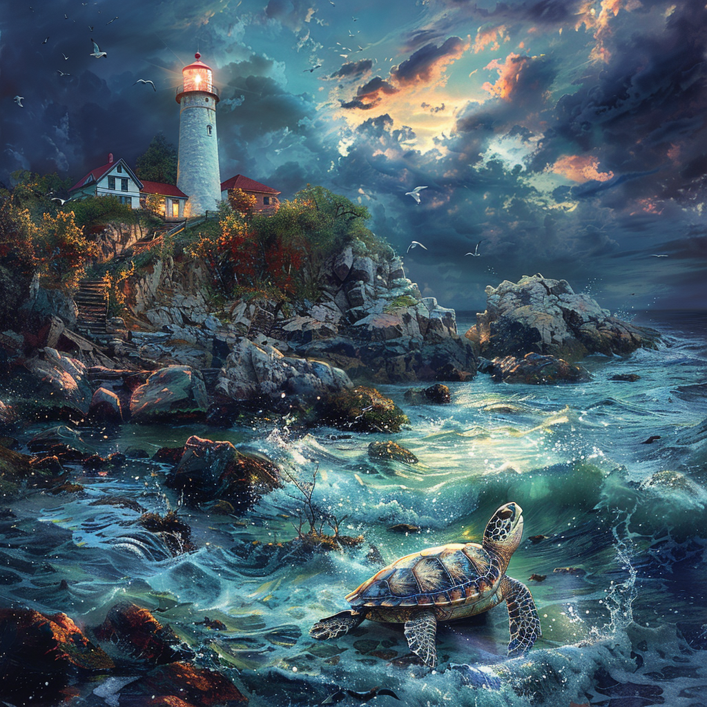 Lighthouse Turtles Lake Poster