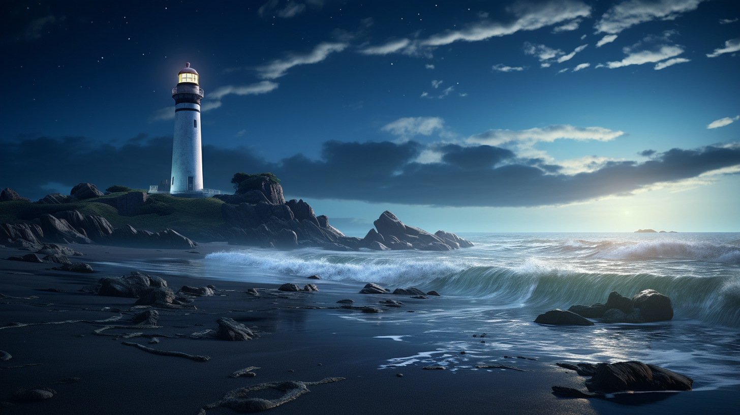 Beautiful lighthouse on the beach at night