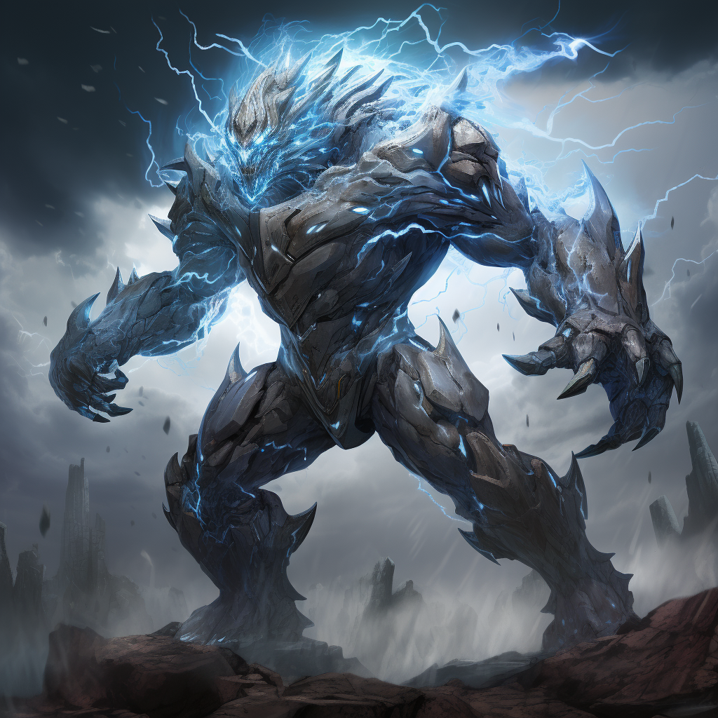 Lightning Golem in Silver Metal with Blue Lightning