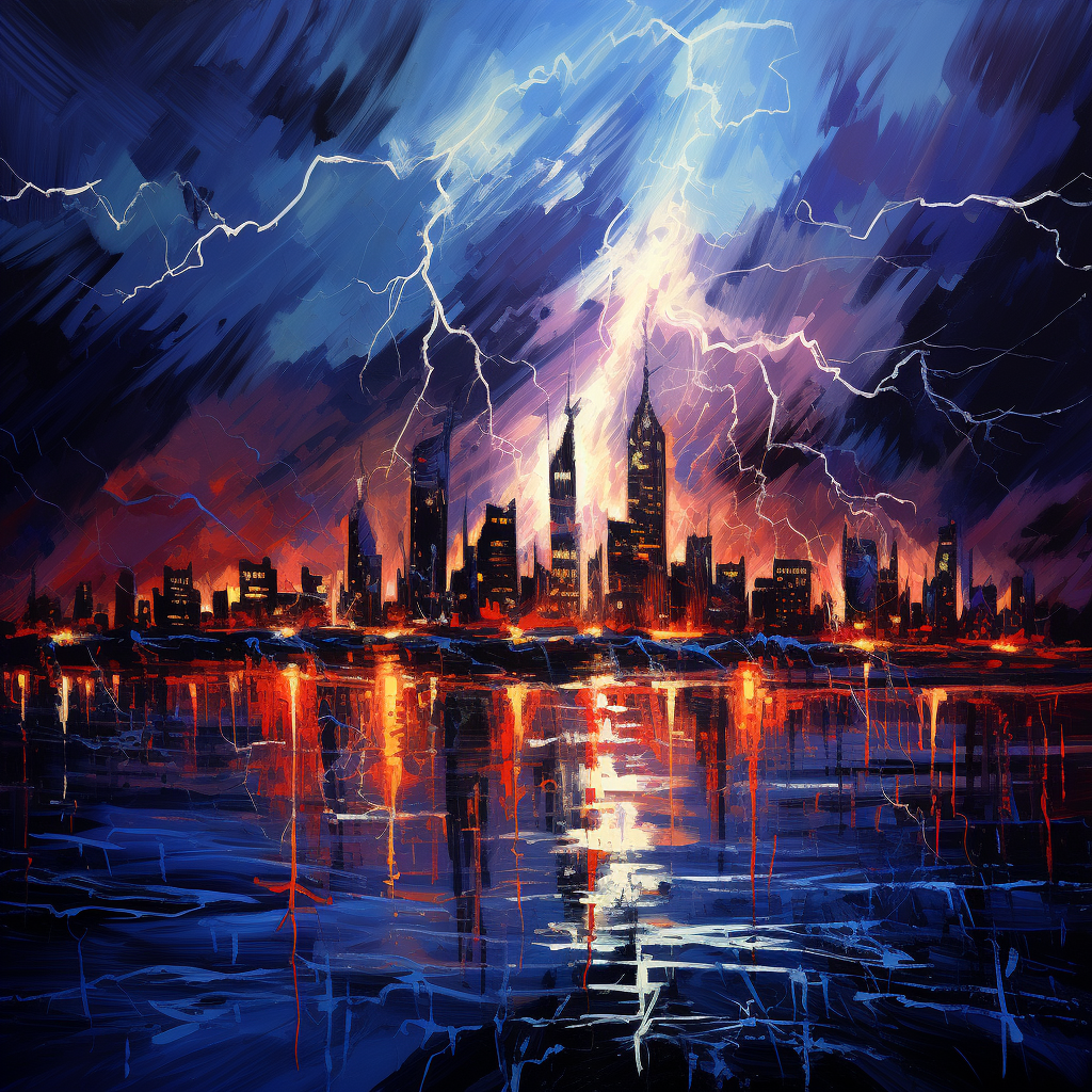 Abstract painting of lightning striking city skyline