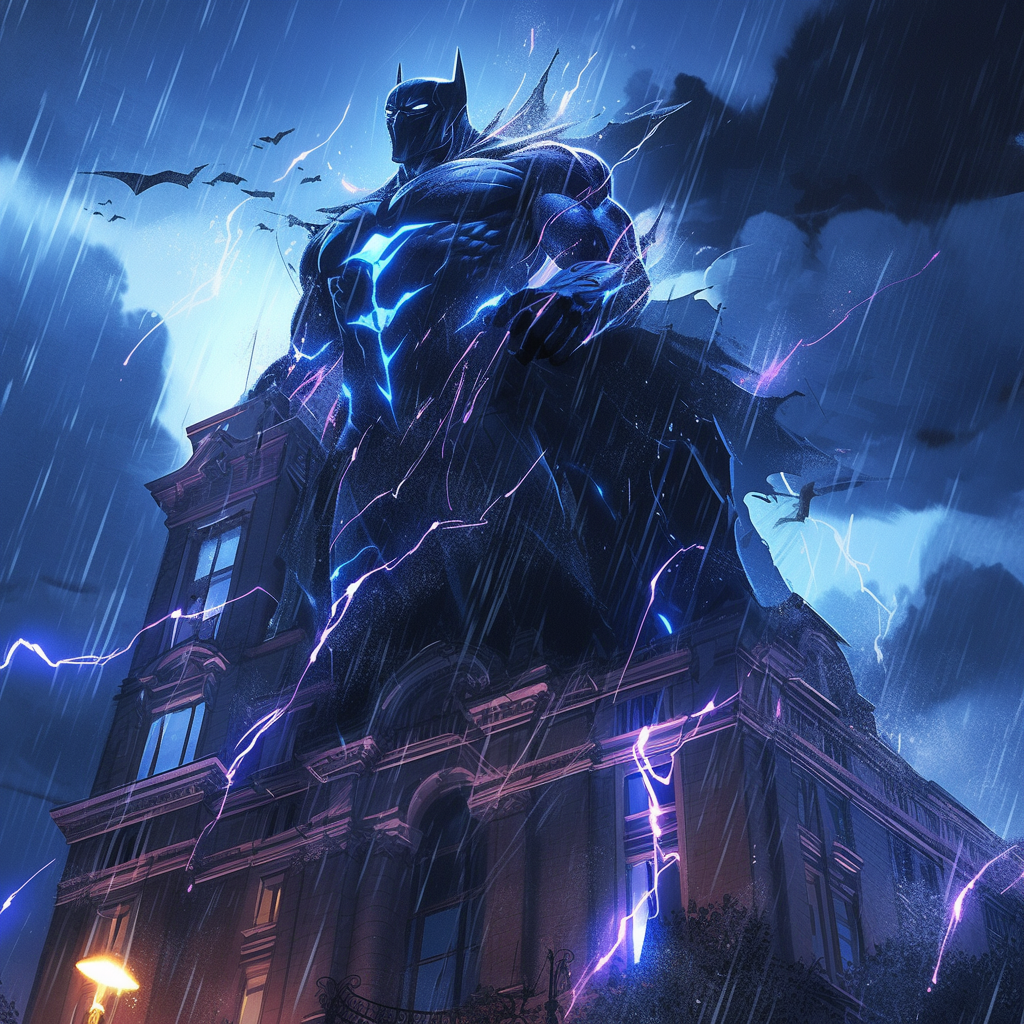 Batman standing amidst lightning in Gotham City