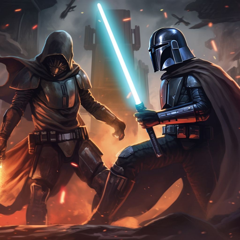 Mandalorian and Darth Vader Lightsaber Duel in Desert