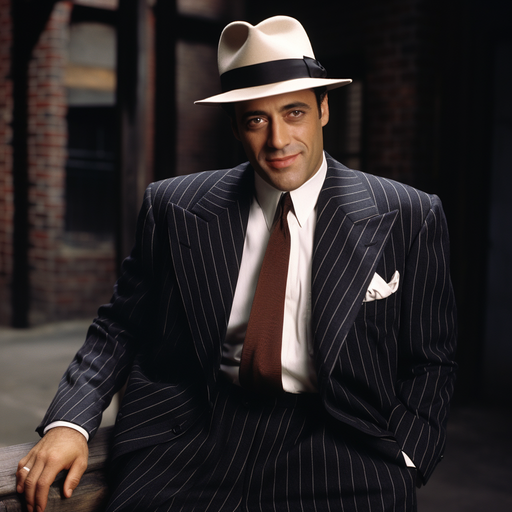 Image of a likeable bumbling gangster in pinstripe suit