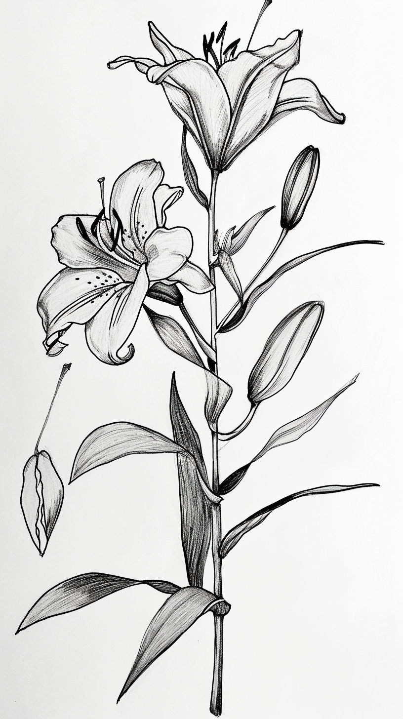 Lilies drawn with pen and brush