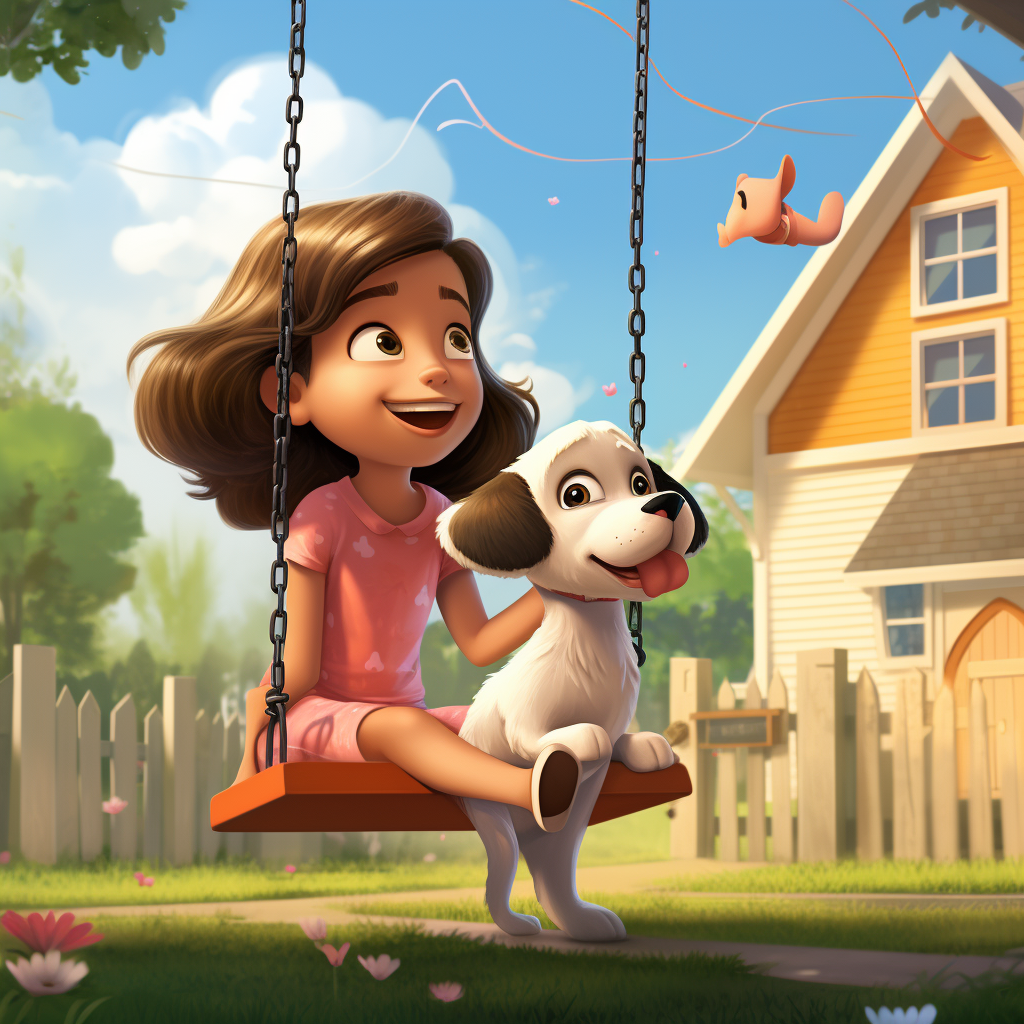 Little girl having fun with a dog, swingset, and house