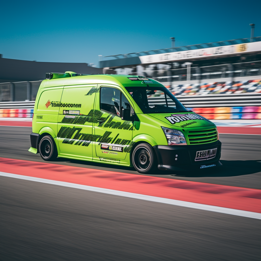 Speeding lime green van on racetrack