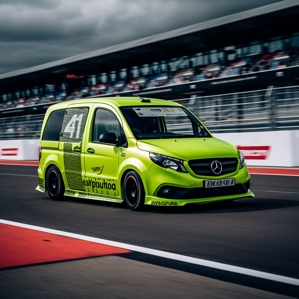 Lime green van on racetrack  (6 words)